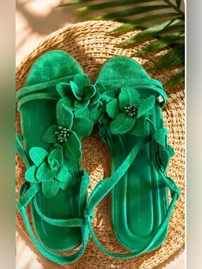 Leather Floral Kelly Green Beaded Flat Sandal Design Concept Studio
